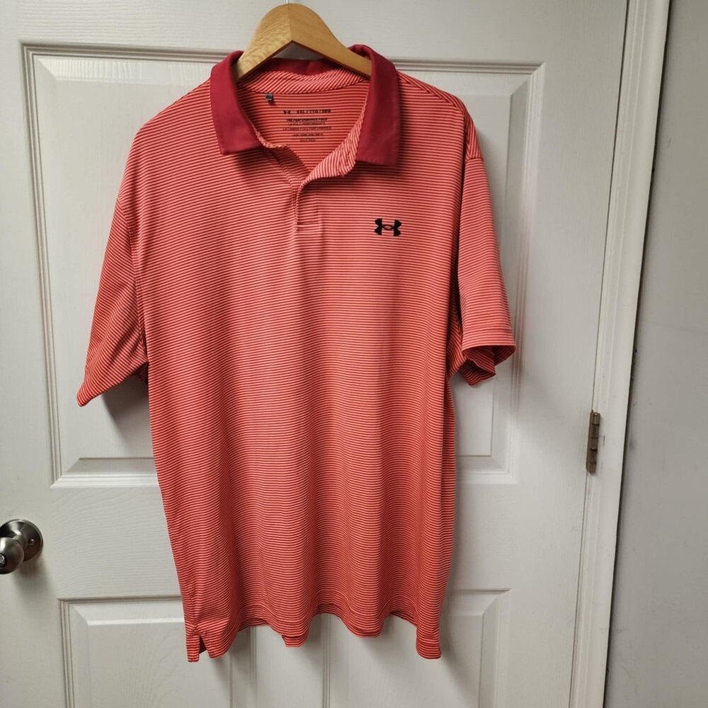 Under Armour shirt men XXL red orange performance golf polo stripped activewear